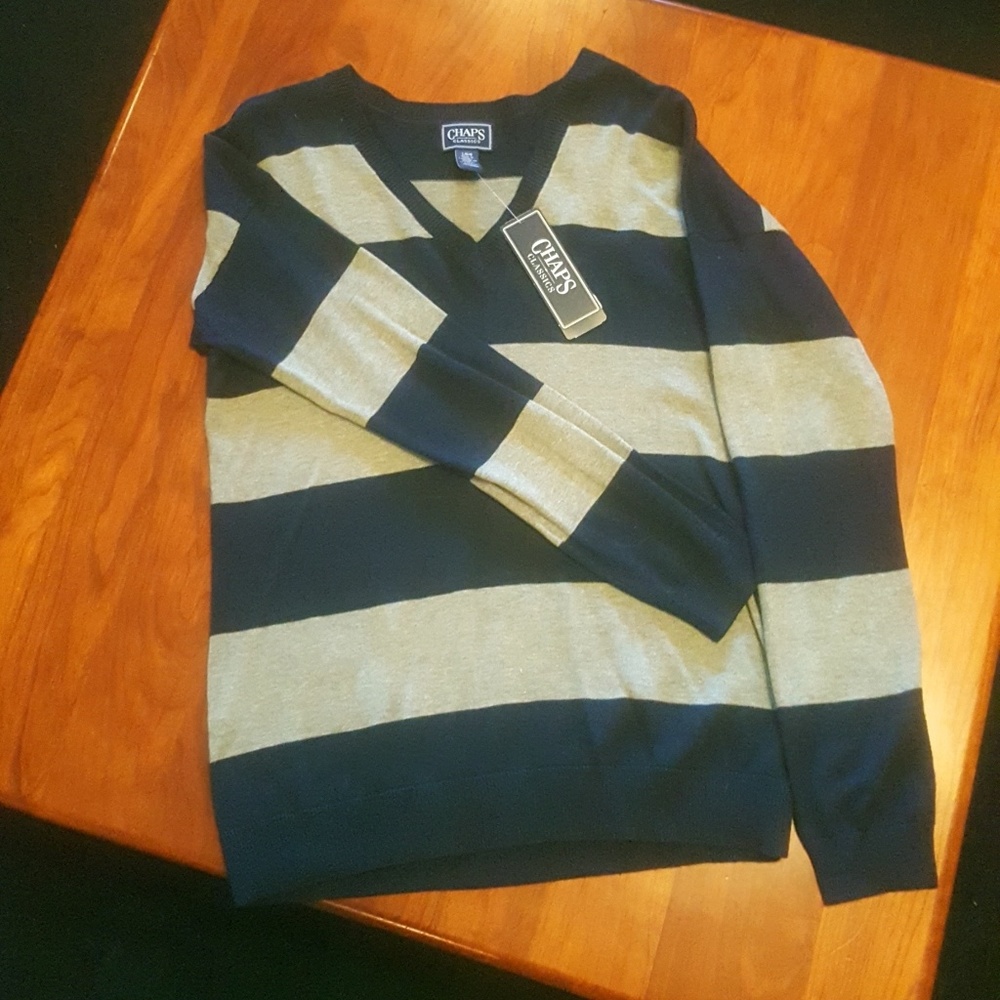 Navy and Light Gray Striped V-Neck Sweater